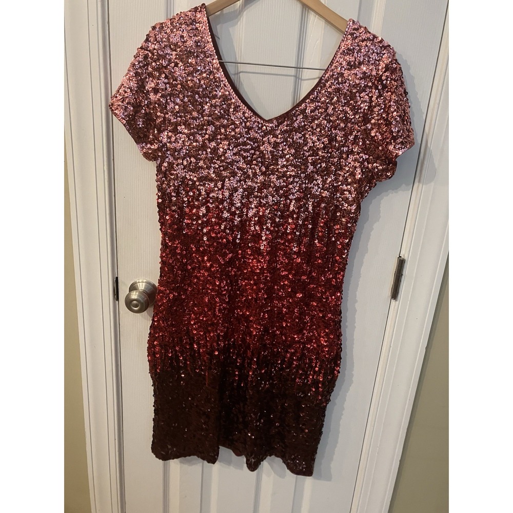MANER  Burgundy Sequin Glitter Short Sleeve V-Neck Mini Bodycon Dress Size XL